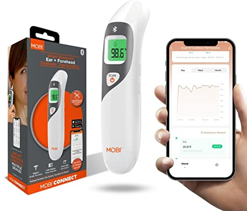 MOBI CONNECT Smart DualScan Bluetooth Ear & Forehead Thermometer - Backlit Screen, LED Fever Indicators, Memory Recall of Last 20 Readouts, Farenheit & Celsius Mode, Room Temperate with Date & Time