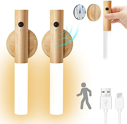 HELLYMOON Applique murale en bois avec détecteur de mouvement Rechargeable par USB Blanc chaud Sans fil Avec interrupteur Pour chambre à coucher, couloir,cage d'escalier (2pcs Pack)