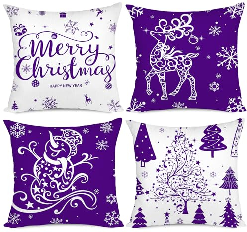 Miaikoe Weihnachtskissenbezüge 45x45 Set von 4 Weihnachtsdekoration Bäume Hirsch Schneemann Frohe Weihnachten Dekorative Urlaub Bauernhaus Kissenbezüge für Urlaub Weihnachtsdekoration (Lila)