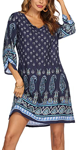 Beyove Robe Tunique Femme Bohème Robe de Plage Tuniques Vintage Plage Tunique Manches 3/4 Robe Courte Été Hauts Motif 4 Taille M