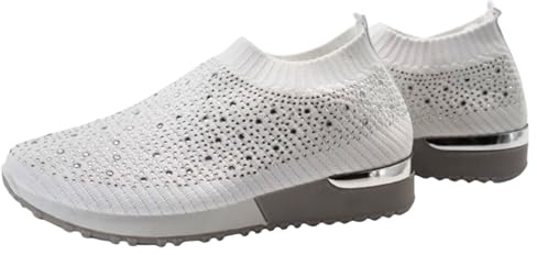 Aspand Collection Damen-Sneaker,Strass Pailletten Ohne Schnürsenkel Sneaker,lässige Sneakers mit Keilabsatz aus atmungsaktivem Mesh,Weiß,39