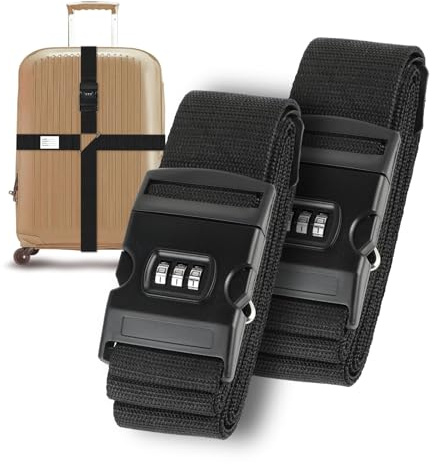 2 pièces de Sangles de Valise - Sangles à Bagages réglables avec étiquette Nominative - Sangle Valise Voyage avec Serrure à Combinaison - Convient pour Les valises jusqu'à 34 Pouces - Noir