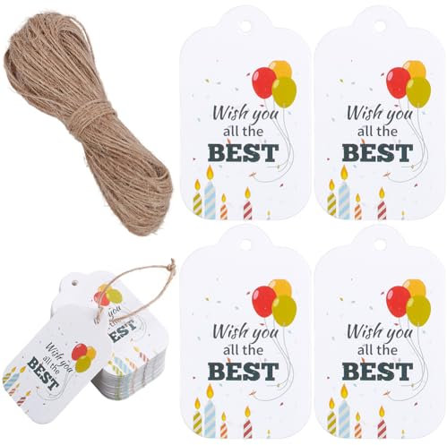 SOFPLATE 150 Stück Geschenkanhänger Verpackung „Happy Birthday“ Etikett 5 x 3cm Papieranhänger Mit 20 m Jutekordel Ballonkerzen Wünsche Dir Alles Gute Karte Geschenketiketten Zum Verpacken von Geschen