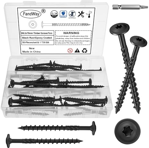 FandWay 50 Pièces Vis à Bois Torx pour Panneaux D'aggloméré 6,3x75mm Vis à Tête Ronde Large Bombé,Vis Autotaraudeuses Torx Universelles Noir Pour Construction de Toiture,Terrasse Avec 1 T30 Bits.