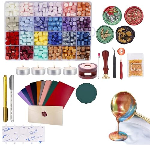 Sello de Cera Kit,Navidad Juego de Sellos de Cera,600 Cuentas de Sellado de 24 Colores,Sellos de Lacre,Calentador de Cera de Sellado para Lacre Invitaciones de Boda Tarjetas Navidad Carta Amor