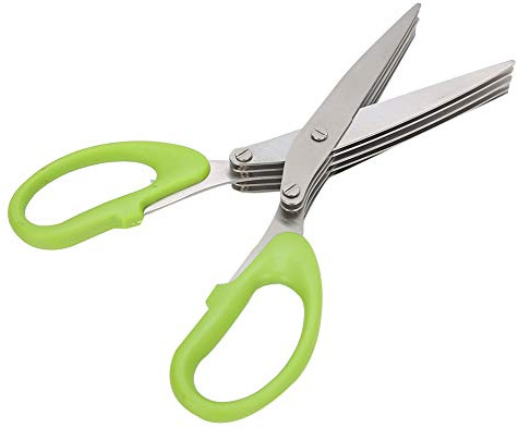 Tijeras para hierbas, tela de cebolleta, tijeras de cocina multifuncionales con mango verde para el hogar de 5 capas