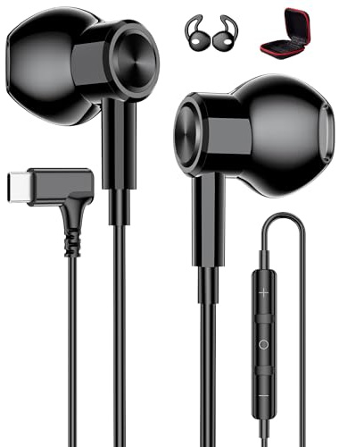 Auriculares USB C para iPhone 17 16e 15, HiFi Estéreo Magnético Auriculare con Cable Tipo C Headphones en ángulo de 90 Grados con micrófono para Samsung A16 A17 A56 A36 S25 S24 Pixel 10 9a 8a 7 Negro