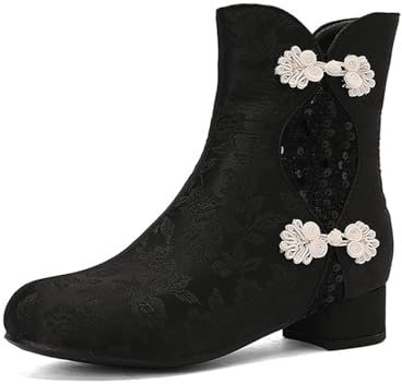 LDXEQIZ Bottes Cheongsam Chinoises Bottines Traditionnelles for Femmes avec Broderie Florale Bottines Élégantes À Talons Chaussures À Cheville Grande Taille,36-43EU(Black,37 EU)