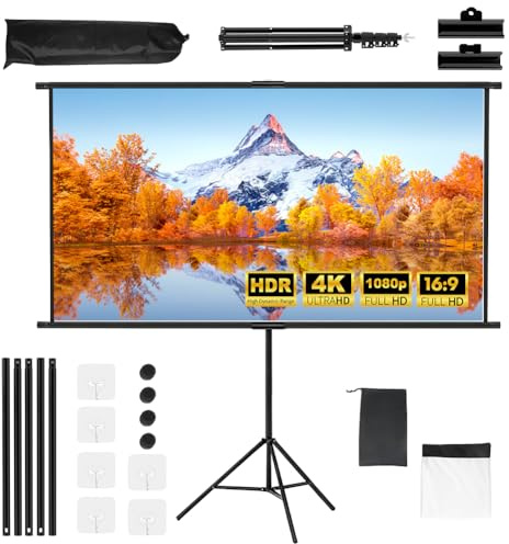 Gohytal Schermo per proiettore con treppiede, 100 pollici, portatile, 16:9, 4K HD, con treppiede, regolabile in altezza, per home theater, interni ed esterni, film, sala riunioni, matrimoni