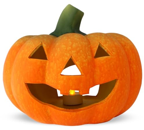 matches21 - Lanterna decorativa a forma di zucca spaventosa come decorazione autunnale di Halloween con il viso, colore arancione, con tealight, in ceramica, diametro 22 x 20 cm