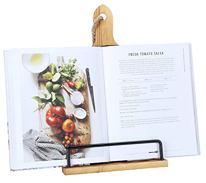 Soligt Cookbook Stand for Kitchen Counter Adjustable iPad Tablet Recipe Book Holder Rustic Wood Cutting Board Style - Brown