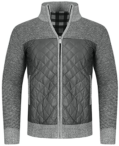YOUTHUP Stickad cardigan för män, fleecefodrad tjock tröja, full dragkedja, ståkrage, koftor, Light Grey, XS