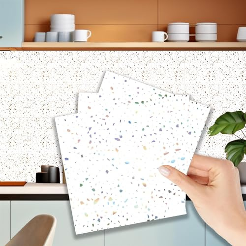 WALPLUS 15cm(6)@48pcs Terrazzo Holographic Glitter White Wall Tile Sticker Tile Paint Stick on Tiles Peel and Stick Self Adhesive Wall Tiles Stickers for Kitchen Bathroom Tile Transfer Backsplash