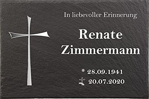 Urnengrabstein modernes Kreuz, Grabstein, Grabplatten mit personalisierter Lasergravur, 30cm x 20cm 100% witterungsbeständig, Naturschieferstein