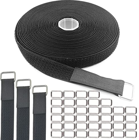 HSIULMY Hook and Loop Buckles, 3/4In x 32Ft Reusable Hook & Loop Straps with 40 Metal Buckles, Heavy Duty Adjustable Cable Ties Nylon Cinch Straps for Wire Management, Cord Organizer & Storage