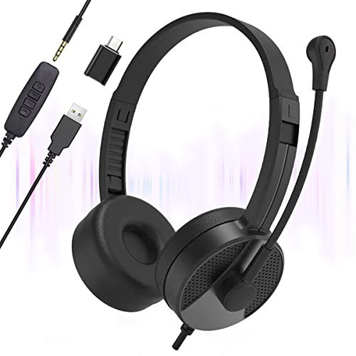Auriculares USB con micrófono con cancelación de ruido, auriculares de PC con micrófono para laptop, conector de 3,5 mm, auriculares estéreo con control de volumen en línea y silencio, auriculares de