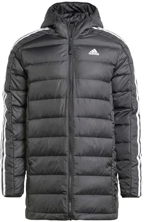 adidas Hombre Essentials 3-Stripes Light Down Hooded Parka, Black, XS