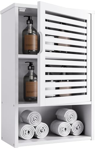 HITNET Badezimmerschrank Hängend Weiß, Bambus Medizinschrank über der Toilette, Badezimmer Wandschrank mit Verstellbaren Regalen, Badschrank Wandmontage