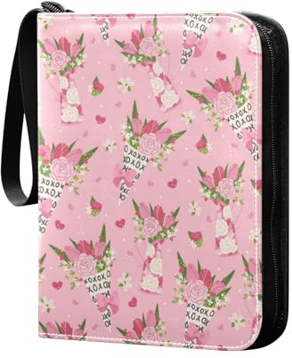 Valentines Rose Tulpe Blume Sammelkartenalbum 4 Taschen Kartenordner 50 Seiten 400 Karten PU Reißverschluss Kartenbinder Aufbewahrung Halter für Sportspielkarte