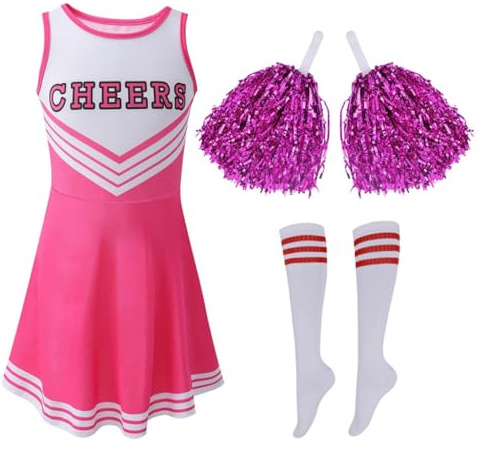 Hovershoes Girl Cheerleader Costume with Cheerleader Pom Poms and Socks, Kids Cheerleading Uniform Outfit School Musical Child Cheer Clothes Carnival Halloween Dress