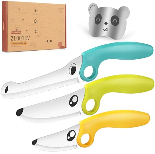 ZLemma Kindermesser Set 4-teiligs mit Lernring & Panda Fingerschutz, Kinderkitchen Kindermesser Set Hund, Edelstahl-Blau
