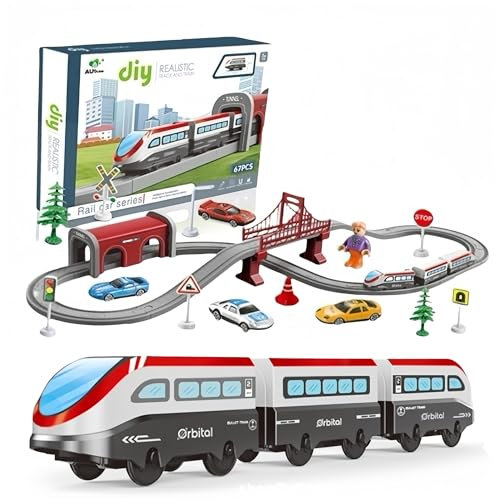 BASAMOU Trenino Elettrico Bambini 3 4 5 6 7 8 Anni con Luci e Animali, Treno Giocattolo Pista Macchinine, Giochi Bambini Pista da Corsa, Giocattolo Educativo Bambino Regalo Compleanno, Natale (67PCS)