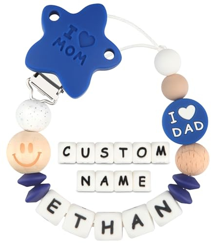 Kowlone Attache Sucette Nom Personnalisé Prenom Silicones Maman papa Attache Tétine en Clips Chaîne pour Bébé Filles Garçons(Bleu Marine)