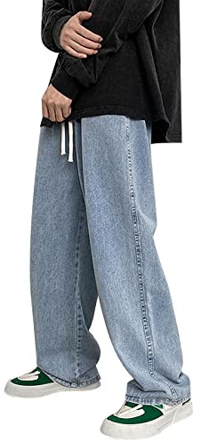 Jean pour homme avec cordon de serrage - Pantalon en coton à jambe large - Coupe ample - Pantalon de cowboy décontracté - Pantalon de travail décontracté - Pantalon ample respirant - Taille élastique,