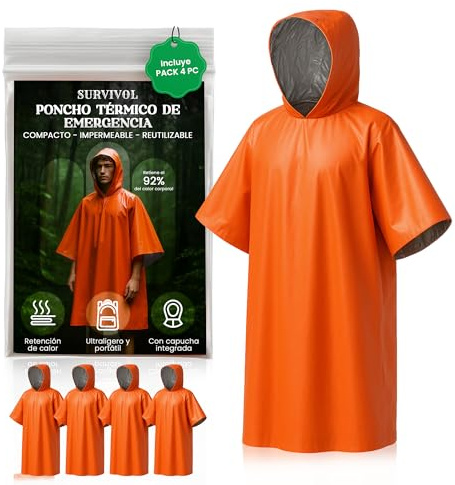 SURVIVOL Poncho imperméable 4 pièces - Kit de survie 72 heures - Poncho de pluie - Couverture thermique réversible avec capuche pour conserver la chaleur et la pluie - Résistant au vent.