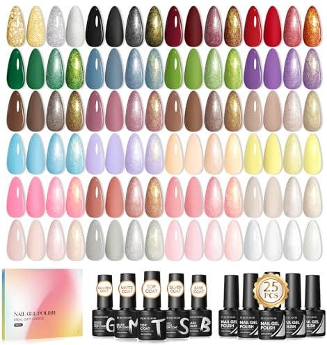 PEACECOLOR 30PCS Gel Nail Polish, Spring Summer Colors White Pink Green Soak Off U V/LED Gel Polish with Base Coat and Glitter Matte & Glossy Top Coat Nail Art Set DIY Home Gifts for Women