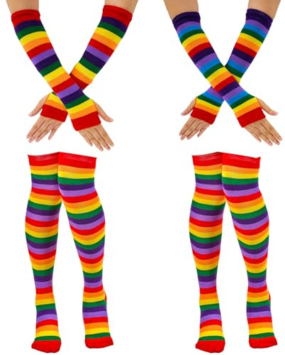 TianFukj Chaussettes Hautes Rayées, 2 Paires Chaussettes à Rayures Arc-en-Ciel et 2 Paires Manchons, Chaussette Montantes pour Fêtes à Thème, Carnaval, Costumes d'Halloween et Cosplay