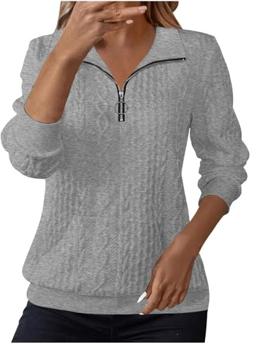 Oversized Jumper Women Jumpers for Women UK Sweatshirts Lapel Half Zip Pullover Knit Cable Ladies Sweatshirt Long Sleeve Tops Fall Winter Sweaters Warm Hoodies Outfit Clothing Grey L