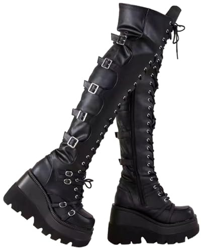 Glamidea Bottes Overknee Noires pour Femme Gothiques Punk à Lacets et Boucle Plateforme Élégantes Longues à Talon Bloc Chaudes pour L'hiver et les Loisirs
