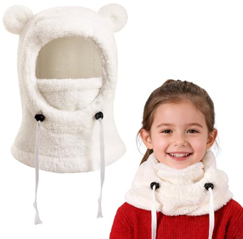 AYPOW Vinter Termisk Fleece Balaclava Barn 3-10 År, Multifunktionell Vindtät Justerbar Skidmask, Varm Fleece Kepsar Hatt Huva Halsvärmare Sjal för Pojkar Flickor, Vit, one size