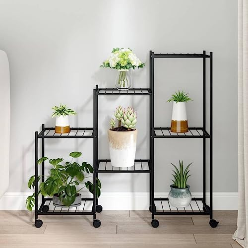 Mokuyary Soporte para flores con ruedas 83 x 25 x 83,5 cm, soporte para plantas de hierro negro, soporte para plantas, estante para plantas interior y exterior, escalera decorativa para flores, para