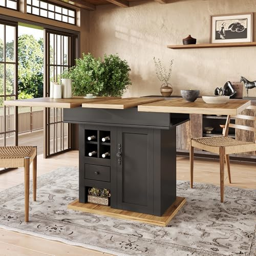 BTM Extending Dining Table with Drawers & Wine Rack, Space Saving Kitchen Extendable Tables 4-6 for Living Room, Black