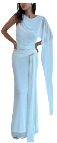 GORGLITTER Evening Dresses for Women UK Asymmetrical Mesh Crewneck Cloak Sleeve Formal Fishtail Maxi Dress
