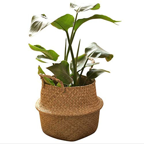Yinhing Cesta de Macetero Tejida, Contenedor de Almacenamiento Redondo de Paja para Plantas, Picnic, Decoración del Hogar, Florero Plegable, Juguete de Frutas, Uso Nórdico en Interiores y Exteriores