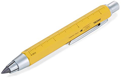 TROIKA ZIMMERMANN 5,6 BLEISTIFT- PEN56/YE Fallminen-Stift (5,6 mm HB-Mine) - Zentimeter-/Zoll-Lineal - 1:20m/1:50 m Skala - Anspitzer - Messing - lackiert - gelb