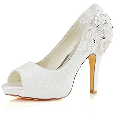 Emily Bridal Wedding Shoes Lace Wedding Shoes Ivory Lace Peep Toe High Heel Bridal Shoes (EU37/UK4, Ivory)