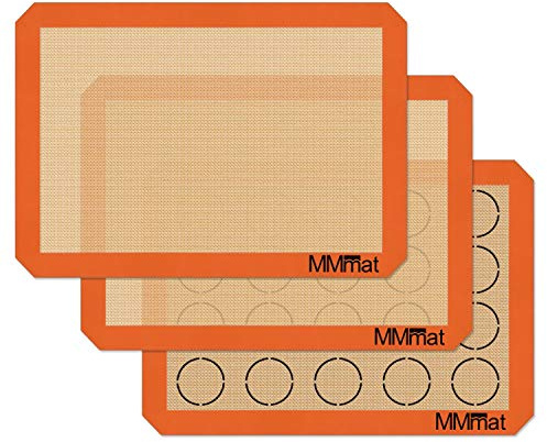 MMmat Silicone Baking Mat - Best German Silicone - Non Slip Silicone Baking Sheet, Non Stick Reusable Silicone Mats for Baking, Oven Liner, Counter Mat, 2 Half Sheets Mats + 1 Macaron Cookie Sheet