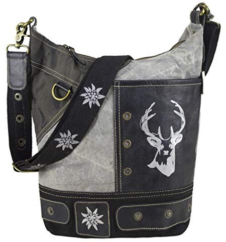 Domelo Damen Hobo Trachtentasche. Canvas Umhängetasche in Vintage Stil. Große Schultertasche mit Trachtenmotiv. Oktoberfest Tasche Hirsch Aufdruck
