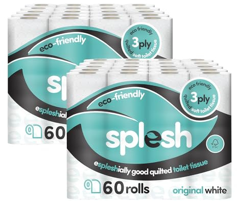 Splesh by Cusheen 3-ply Toilet Roll - White (120 Pack) Soft, Quilted Bulk Toilet Rolls, Toilet Tissue and Loo Rolls – Eco-Friendly Toilet Paper Sustainably Crafted in The UK