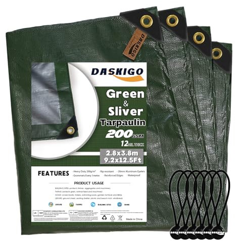 DASKIGO 3 x 4M Heavy Duty 200GSM Green&Silver Reinforced Tarpaulin Cover Waterproof Sheet & 6 Pcs Bungee Balls