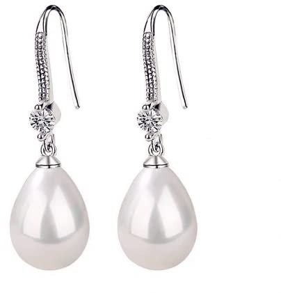 Oivzziy Damen Perlenohrringe Ohrhänger 925er Sterling Silber mit Weißen Wassertropfen Muschelperle und Österreichischen Zirkonia-Kristalldiamanten Hängende Tropfen Ohrringe