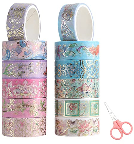 MOSNOW Flower Washi Tape Set, Decorative Tape Craft Supplies Scrapbook Craft DIY Decorative Scrapbook for DIY Arts Craft, Gift Wrapping (12 Rolls)