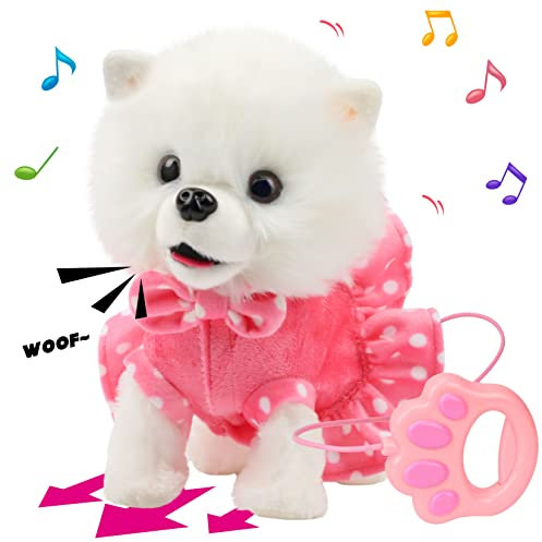 Hopearl Laufender Spitz Interaktiv Elektronisches Haustier Hund Spielzeug Fernbedienung Leine Animiert Welpe Nickend Bellend Schwanz Wedeln Geschenke für Kleinkinder Geburtstag, Weiß, 25 cm