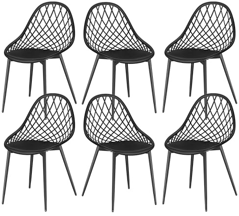 Sedie da Esterno, Set di 6 Sedie da Giardino, Schienale in Plastica Traforato e Piedi in Metallo, Sedia Polipropilene per Esterno, Giardino, Terrazzo, Balcone, Sala da Pranzo, Sala Riunioni, Nero