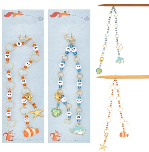NBEADS 2 Pcs Marine Life Knitting Row Counter Chains, 2 Pcs Alloy Stitch Markers Number Beads Chain Row Counter Knitting Stitch Counter for Sewing Knitting Crochet Tracking Project Progress