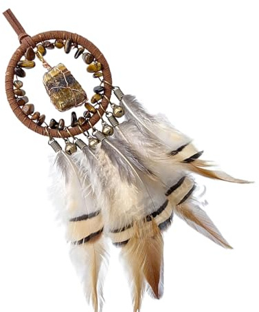 Atrapasueños étnicos con plumas hechas a mano con campanas de piedra natural para coche, decoración de pared para sala de estar y dormitorio